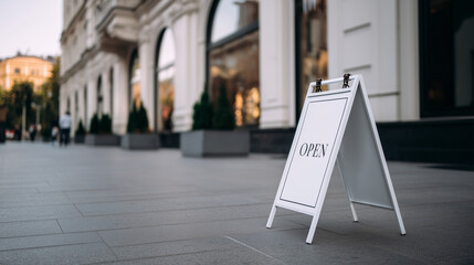 Fashion boutique OPEN message on clear signage with elegant white font, reflective storefront glass and urban street background