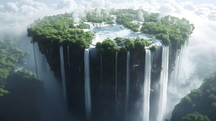 3D render depicts a lush island suspended by cascading waterfalls within a misty abyss.