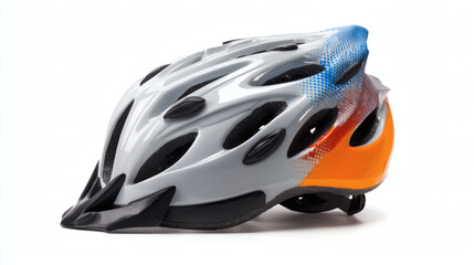 Fototapeta premium A vibrant bicycle helmet with a modern design, isolated on a white background for safety.