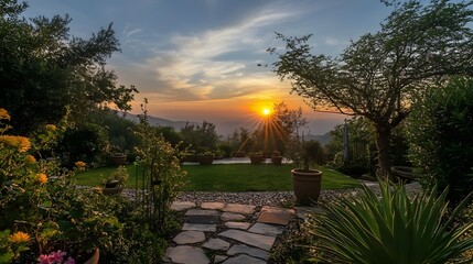 Photograph of a serene garden at sunset with trees, a stone path, and vibrant sky.