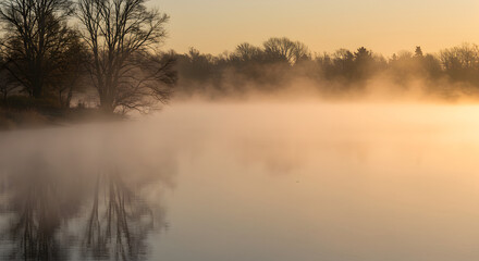 Fototapeta premium Mystical Fog Over Still Lake at Dawn Reflecting Silhouetted Trees