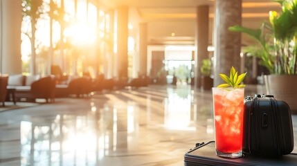 Photograph of a bright, airy hotel lobby featuring a cocktail and suitcase on a polished floor.
