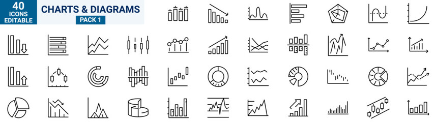 Charts and diagrams web line icons. data elements, bar and pie, diagrams for business infographics. visualization of data statistic and analytics. vector illustration
