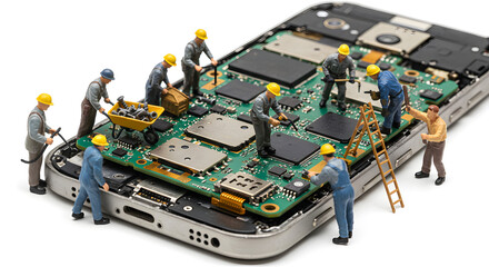 Miniature Workers Repairing Open Smartphone on White Background Displaying Detailed Circuit Board