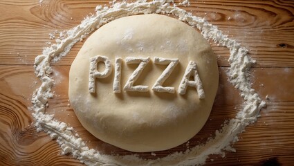 Overhead View of a Pizza Dough with Flour Dusting and the Word Pizza in Lettering on a Wooden Surface