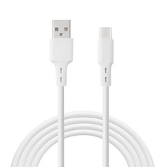 white cable for charging and synchronization with Type – C and USB connectors on a white isolated...