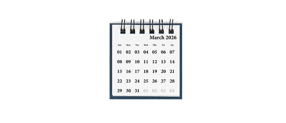 Desktop calendar for March 2026 in white colour. Mini planner for business and finance, spiral view on isolated white background close up.