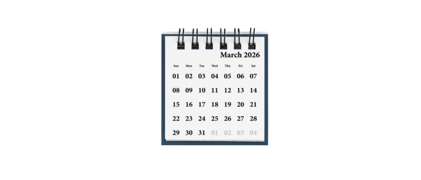 Desktop calendar for March 2026 in white colour. Mini planner for business and finance, spiral view on isolated white background close up. - Powered by Adobe