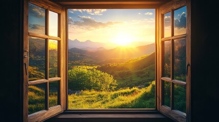 Scenic sunrise view from rustic wooden window peaceful mountain landscape golden hour nature sky blue
