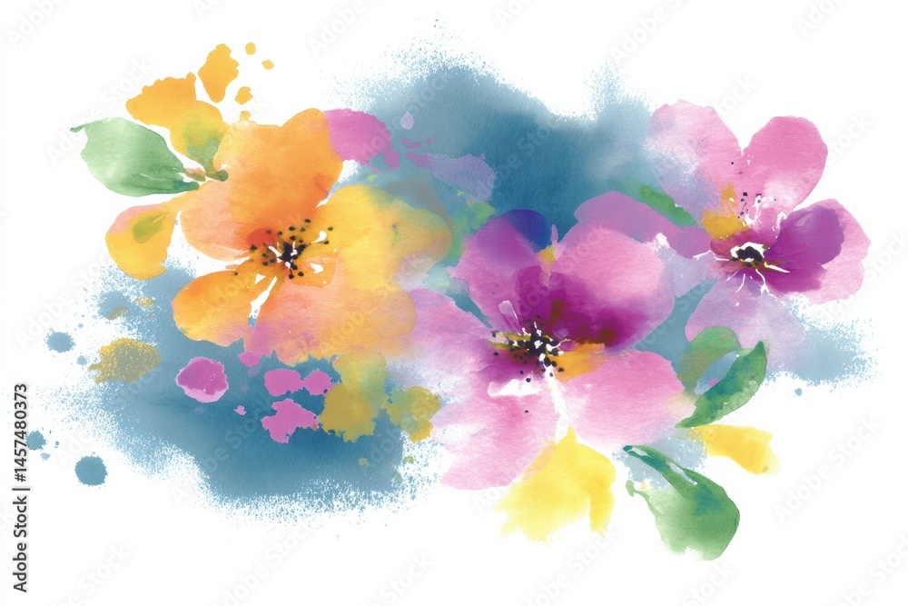 Poster colorful watercolor splash creating a dreamy floral pattern with loose brushwork and vibrant hues ge