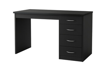 Sleek Black Office Desk with Minimalist Design and Four Drawers PNG image isolated on a transparent background.