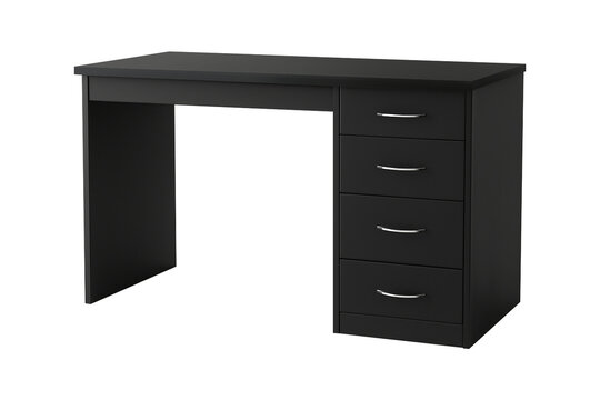Sleek Black Office Desk with Minimalist Design and Four Drawers PNG image isolated on a transparent background.
