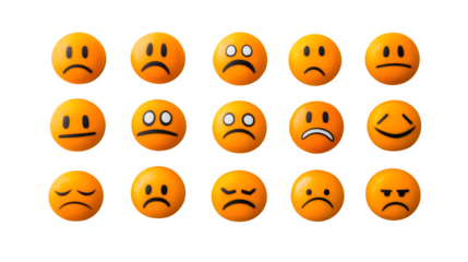 A collection of happy and sad face emojis, neatly arranged, isolated on a white background