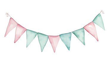 Fototapeta premium Watercolor bunting with pink and green flags on a white background
