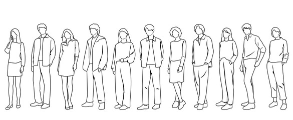 Vector silhouettes of men and women, group of standing  business people, profile, hand draw, linear sketch, black and white color, isolated on white background
