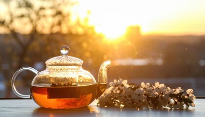 Cherry blossoms frame a glass teapot filled with tea, bathed in warm sunlight, creating a peaceful springtime moment.