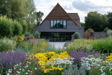 Colorful flower garden enhances modern architecture in a serene outdoor setting, showcasing vibrant blooms and lush greenery during a clear day