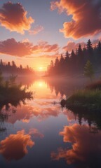 Obraz premium Peaceful lake mirroring a vibrant sunset, clouds softly glowing , calm, natural