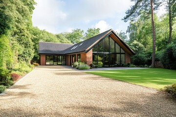 Obraz premium Modern architectural design featuring a spacious home surrounded by lush greenery and well-maintained landscaping in a serene location during daylight hours
