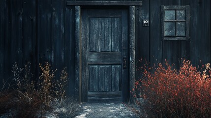 Dark rustic wooden door old house exterior autumn plants red wall fall grey home aged life image