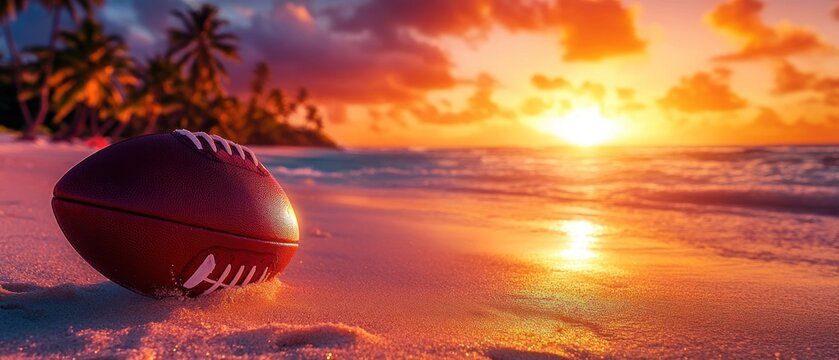 American football on tropical beach at sunset summer vacation theme