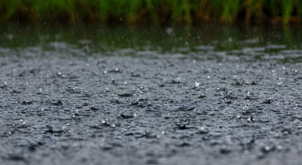 Pitter Patter Raindrops Fall On Water Surface Splashing With Greenery