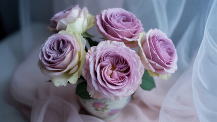 Obraz premium Elegant lavender roses in a delicate vase surrounded by soft fabric and gentle lighting