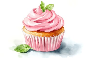 Watercolor illustration of a delicious pink cupcake with mint