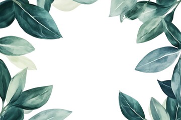 Watercolor green leaves frame on white background