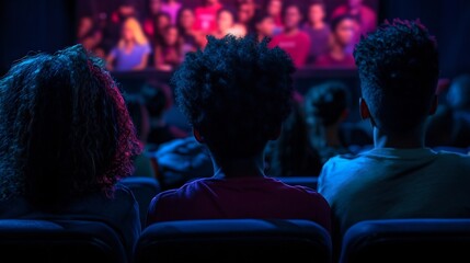 diverse friends watching international film at local movie theater
