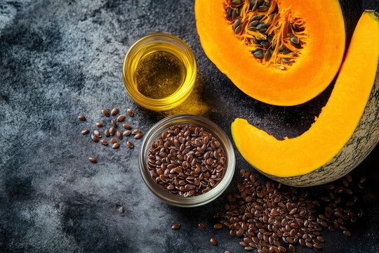 stylish background with topical beneficial oils of flaxseed, pumpkin and black cumin superfood