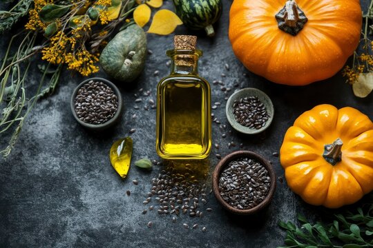 stylish background with topical beneficial oils of flaxseed, pumpkin and black cumin superfood