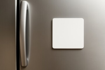 Blank Square Magnet on Refrigerator: A simple blank square magnet rests on a stainless steel refrigerator door, offering a clean, minimalist backdrop for your message or design.