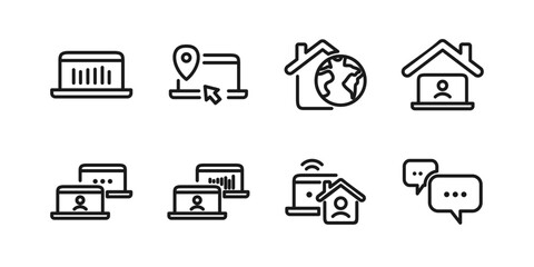 Remote Work Line Icons . Freelancer Work from Home, Video Call, Online Meeting, Teleconference Vector Set