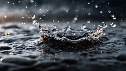 An ominous backdrop of water, droplets falling, each one representing an invisible threat of PFAS contamination, haunting our planet is water sources