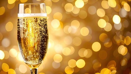 Sparkling champagne overflows a crystal flute, radiating celebratory joy against a bokeh-lit gold background.