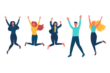 A group of five people jumping in the air with their arms raised in celebration and excitement together