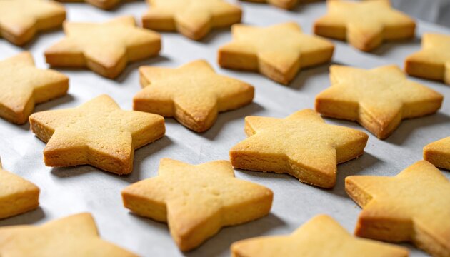 Festive star-shaped gingerbread cookies cool on a parchment-lined baking sheet, radiating warmth and holiday cheer.