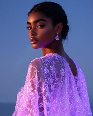 woman back pose with transparent shawl in lilac glow