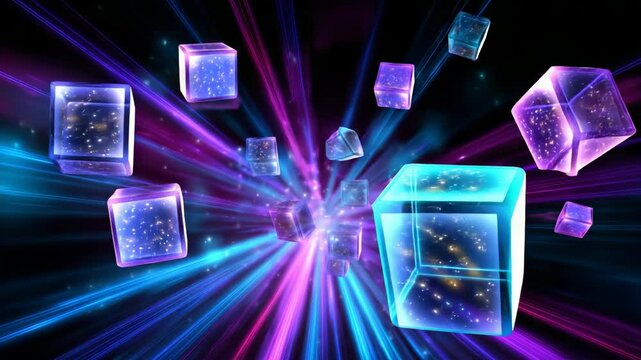 Abstract vibrant cubes with glowing edges in a colorful light burst background.