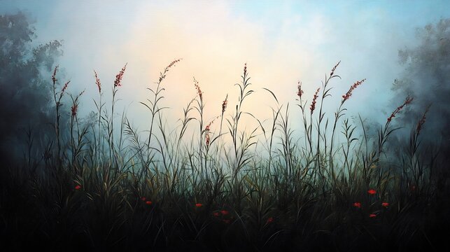 hilltop nature with sun rays lighting tall grass - Powered by Adobe