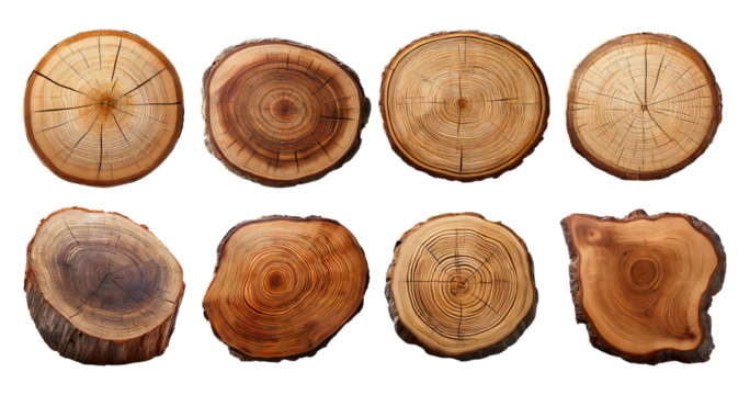 Various Cross-Sections of Wood Logs Displaying Natural Texture and Patterns
