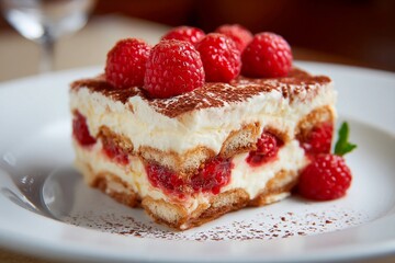A dessert featuring layers of creamy mascarpone, ladyfingers, and fresh raspberries. This indulgent raspberry tiramisu is garnished with delicate cocoa powder and mint leaves