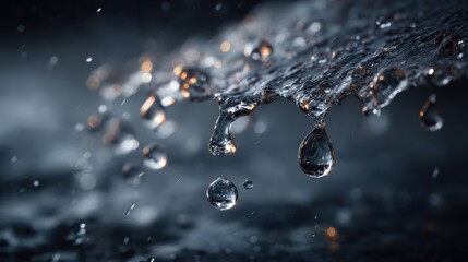 Water droplets cascading down, each one silently containing the forever chemicals, PFAS, an invisible and insidious threat to our planet is future