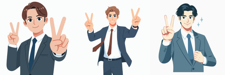 set vector businessman raising 2 two fingers peace