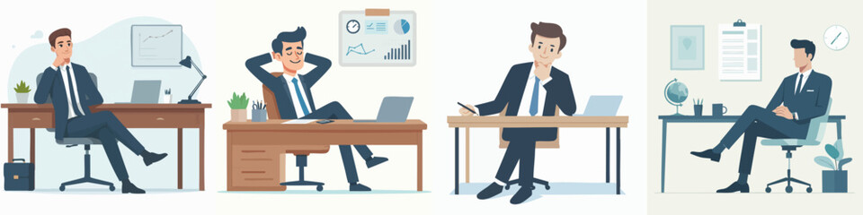 set vector businessman sitting relaxed on chair