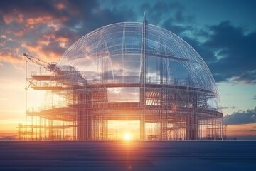 Obraz premium Chromatic cupola structure illustration showcasing classic roof passive house and a delicate technical drawing sketch plan in angled sunset light