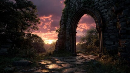 Fototapeta premium Ancient stone archway amidst lush greenery and a colorful sunset sky.