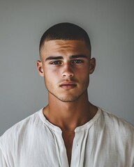 young man buzzcut stylish portrait grey background