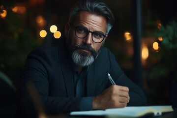 businessman watching video taking notes learning online